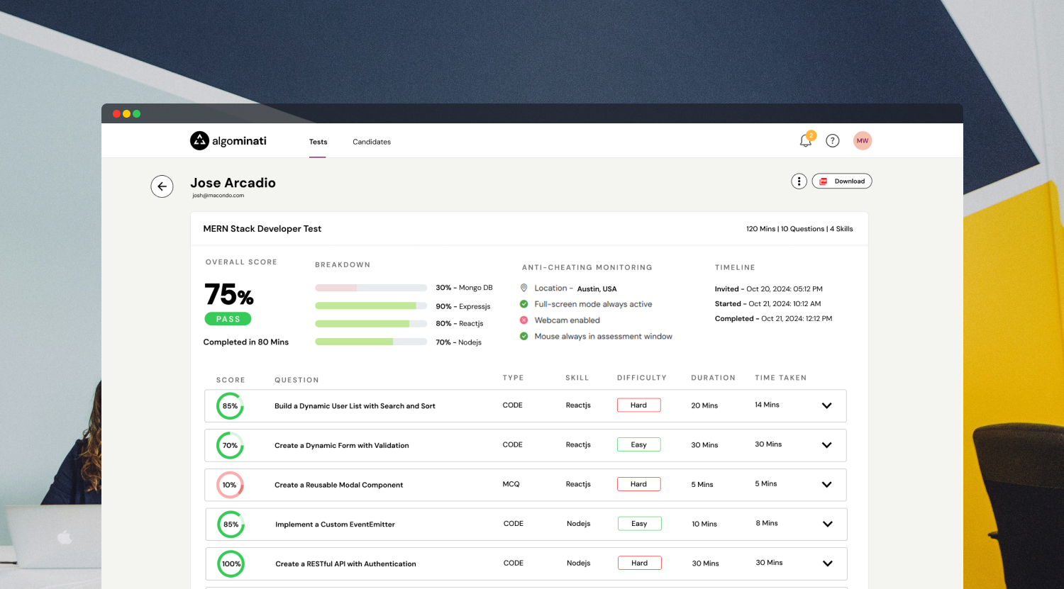 Skill based hiring platform with intuitive programming test panel